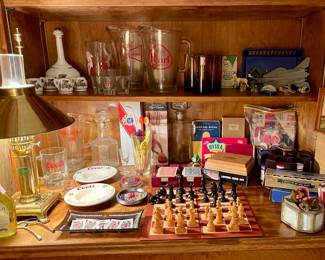 VINTAGE BARWARE, PEARL BEER PITCHER, BUDWEISER BEER PITCHER, CHESS SET, DOMINOES, CARDS