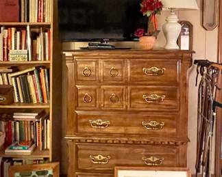 VINTAGE SOLID WOOD TALL BOY DRESSER, SMALL TELEVISION, WALKING CANES