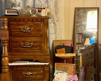 SOLID WOOD NIGHTSTANDS, VINTAGE CLOCKS, WALLETS, GONE WITH THE WIND LAMP 
