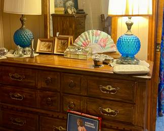 SOLID WOOD DRESSER, RETRO BLUE BUBBLE LAMPS