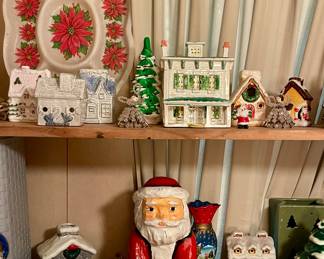 VINTAGE HOLIDAY HOUSES, PAPER MACHE SANTA, VINTAGE FIGURINES