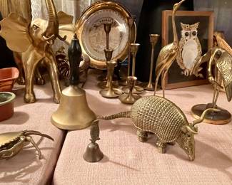 VINTAGE BRASS DECOR-BRASS ARMADILLO WITH HORNS, BRASS BIRDS, BRASS ELEPHANT, BRASS CRAB, VINTAGE BRASS SCHOOL BELL