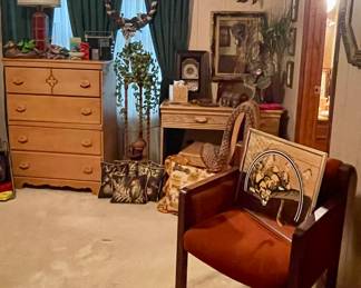 VINTAGE CHAIR, MCM BLONDE DRESSER