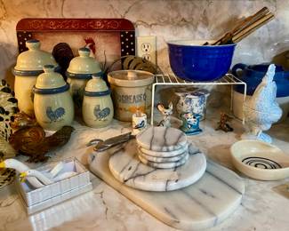 CHICKEN CANISTERS, MARBLE CUTTING BOARDS