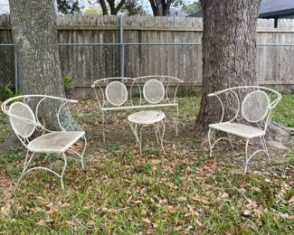 VINTAGE WROUGHT IRON BENCH, CHAIRS AND TABLE