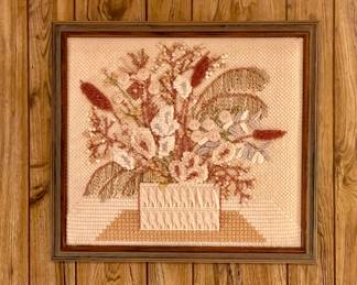 VINTAGE FRAMED HANDMADE EMBROIDERED FLORAL WALL ART