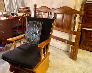 VINTAGE WOOD GLIDER, SOLID WOOD QUEEN HEADBOARD, QUEEN PILLOW TOP MATTRESS