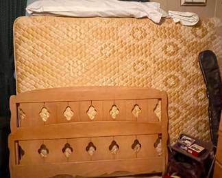 VINTAGE WOOD FULL HEADBOARD, QUEEN MATTRESS, GUN CLEANING KITS