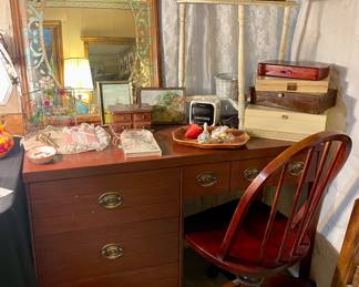 WOOD DESK, WOOD ROLLING DESK CHAIR, VINTAGE ETCHED MIRROR