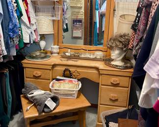 VINTAGE WOOD VANITY WITH STOOL-NEEDS SANDING ON THE TOP