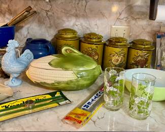 VINTAGE AVOCADO GREEN CANISTER SET, CORN CASSEROLE DISH