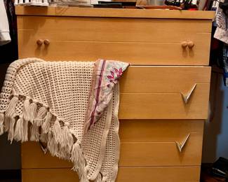 MCM BLONDE WOOD DRESSER, CROCHETED SHAWL
