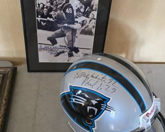 autographed carolina Panters Helmet Reggie White, and Autographed framed picture of Bobby Mitchell 