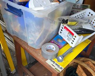 tubs of dog toys, leashes, and medicine 