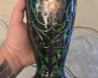 Art Nouveau sterling silver over green glass vase. Beautiful !! needs to be polished but leaving it just the way we found it 