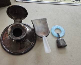 antique sterling ink well and sterling baby brush and teething ring 
