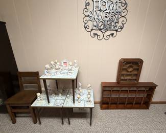 Child’s Solid Wood Chair; MCM Stacking Tables; Wooden Wall Display Case; Precious Moments