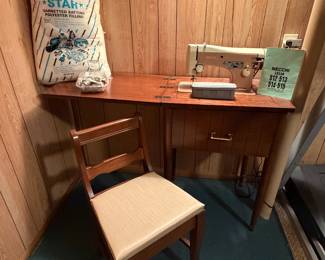 Necchi Sewing Machine 513 in Cabinet; Sewing Chair With Seat Storage; Batting; Buttons