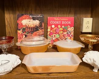 Fire King Peach Lustre Baking Casserole Dishes; Hobnail Milk Glass Dishes; Indiana Glass Kings Crown Thumbprint Ruby Red Footed Compote Candy Dish; Microwave Cookbook; Betty Crocker’s Cooky Book