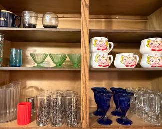 Glassware;  Green Depression Vaseline Uranium Sherbet Glasses; Campbell Soup Mugs