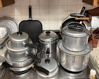 Wearever Aluminum Cookware; Montgomery Ward stock Pots; Griddle; Frying Pans; Enterprise Aluminum Double Boiler