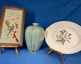 Vintage Celadon Pine Cloud Vase, Stitched Birds, Bamboo easels and platter