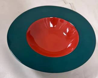 Signed Pottery Bowl Black Glaze, green w Orange Interior