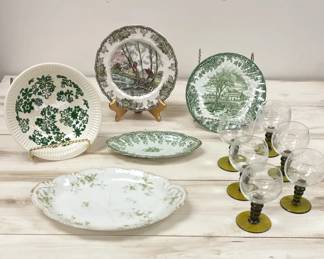 Green Botanical Serving Dishes And Stemware