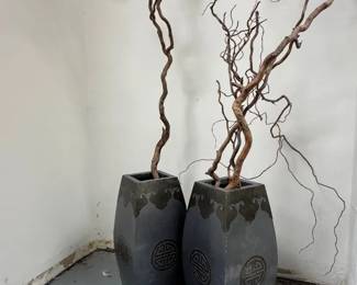 Pair of Metal Asian Inspired Grey Decorative Vases