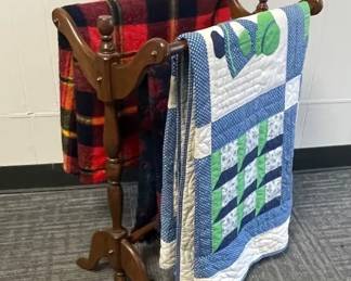 Quilt, Quilt Stand And Blankets