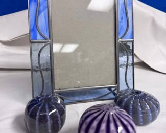 Shades Of Blue Glass Decor Frame And Paperweights
