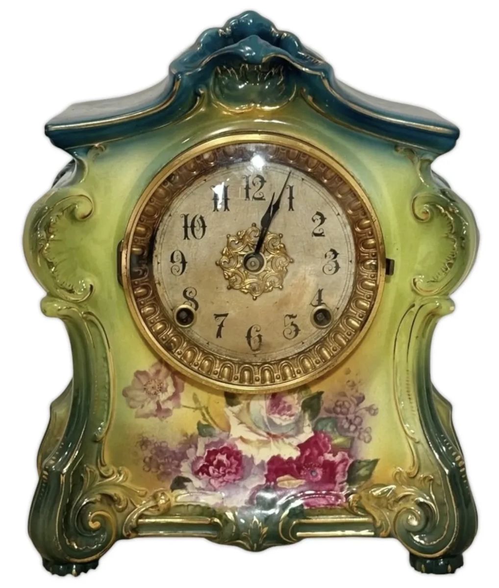 Antique Ansonia Royal Bonn La Fontaine Porcelain Mantel Clock