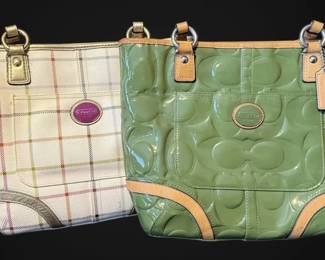 COACH Peyton Tattersall Plaid Purse Embossed Patent Leather Green Tote Bag  AUTHENTIC