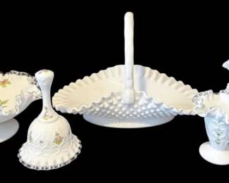 Fenton Spanish Lace Ruffed Bell Vase, Milk Glass Dishes
