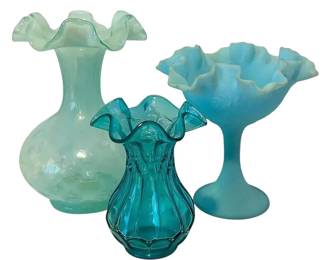 Fenton Diamond Optic Ruffled Vase, Blue Satin Compote, and Flute Dot Vase