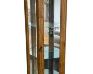 Oak Toned Curio Cabinet With Glass Shelves Light