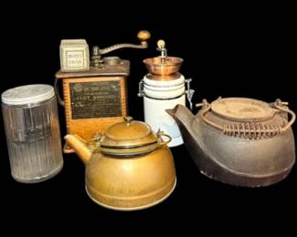 Antique Challenge Fast Coffee Grinder, Cast Iron Tea Kettle, More
