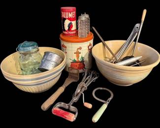 Yellow Ware Mixing Bowls, Tin Canisters, Antique Kitchen Utensils, More