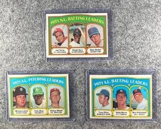 1972 Topps MLB N.L Batting Leaders, A.L. Pitching Leaders, A.L. Batting Leaders.