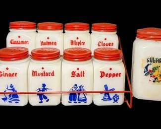 HazelAtlas Milk Glass Dutchthemed Spice Jars  Sugar Jar