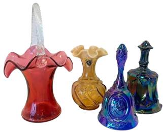 Fenton Cranberry Pitcher, Carnival Glass Bells, Amber Opalescent Vase