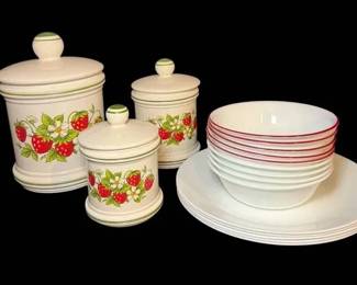 Sears Roebuck Strawberry Fields Ceramic Canisters  Corelle Dinner Plates Bowls