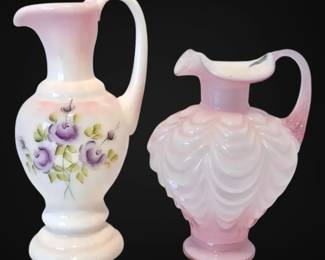 Fenton Rosalene HandPainted Floral Pitcher  Pink Iridescent Draped Glass Pitcher