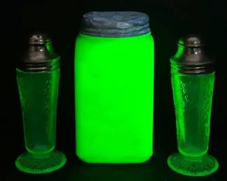 Vintage Jadeite Salt Shaker and Uranium Depression Glass Salt Pepper Shakers