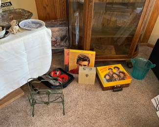 Welcome Back Kotter! Turntable, metal case with 45s, antique oak china cabinet with curved glass, magazine holder