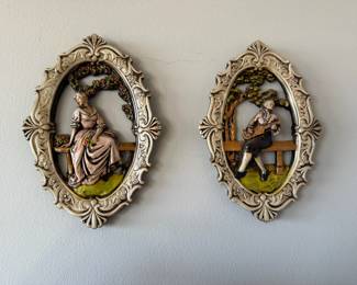Victorian Style Lady & Gentleman 3D Chalk-ware Wall Plaques