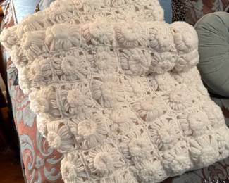 White Hand Crocheted Floral Design Throw