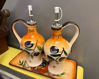 Oil, Vinegar Cruets and Tray with Olive Design