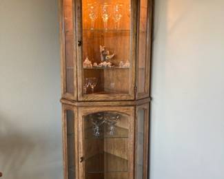 Lighted Oak Corner Curio Cabinet