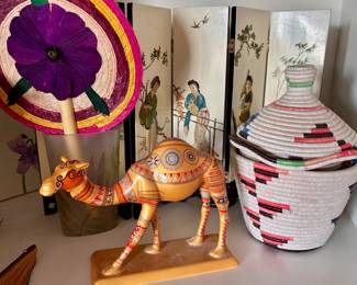2004 Artworks Camel Caravan "Sonehri" Figurine , Hand Weaved African Style Lidded Basked, Handmade Mexican Corn Husk Fan, Chinese Four-Panel Tabletop Folding Screen

